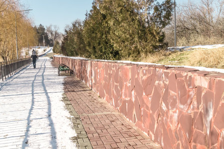 Retaining wall made of natural stone in the city parkの写真素材