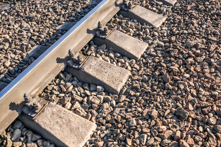 Concrete sleepers on the railroad close-up.の写真素材