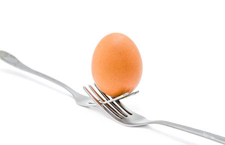 Chicken egg on metal forks isolated on white background close-up.の写真素材
