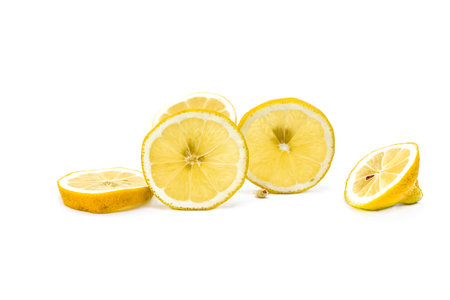 Bright ripe sliced lemon isolated on white background.の写真素材