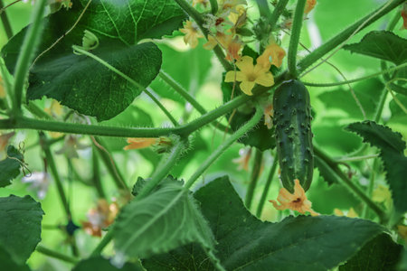 Cucumbers growing on a vine in a rural greenhouse. A woman's hand plucks a ripe cucumber from the gardenの写真素材