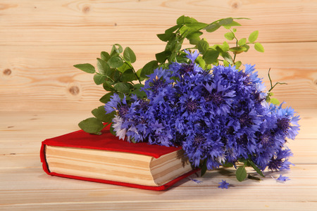 Red book and bouquet of cornflowers on wooden backgroundの写真素材