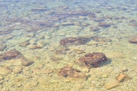 At the bottom of the sea with stones  View through water  Natural background 