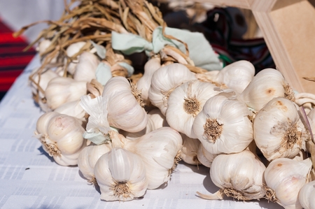 Heap of fresh organic garlics in a market placeの写真素材