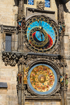 The Prague Astronomical Clock or Orloj in the old town of Prague. The medieval clock is mounted on the south wall of the Old Town Hall tower. Postcard of Prague. Prague, Czech republicのeditorial素材