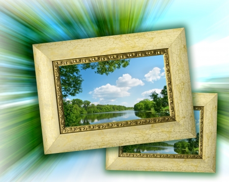 Picture frame with bright summer landscape inserted