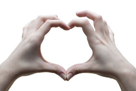 Heart hand sign. Love. White background.の写真素材
