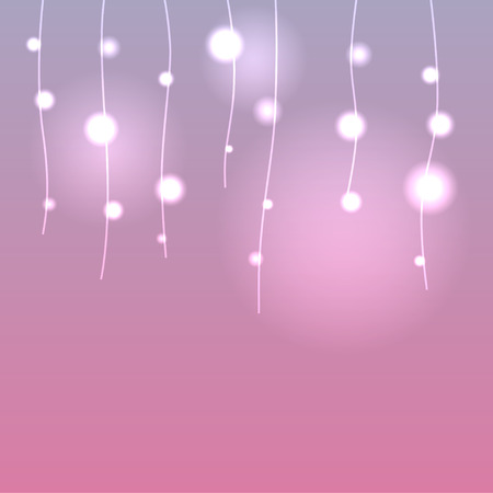 Christmas glowing lights in hanging strings on pink background.のイラスト素材