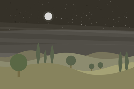 Vector flat landscape with green hills and trees and night sky with starsのイラスト素材