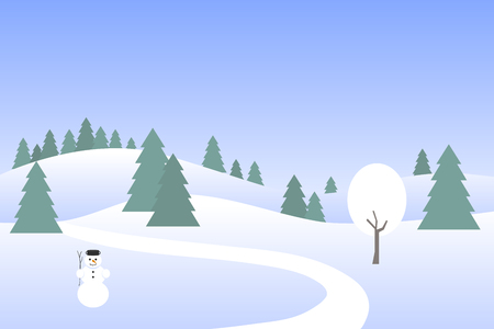 Flat winter vector landscape with silhouettes of trees and hills with snowman.のイラスト素材