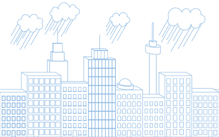 Vector blue thin line seamless 3D illustration of big city isolated on white background with raining clouds.のイラスト素材