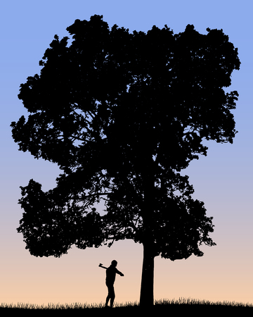 Vector silhouette of lumberjack cutting big tree with an axe.のイラスト素材