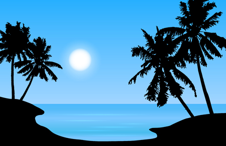 Tropical island landscape vector with palm trees and sun on blue shaded sky.のイラスト素材