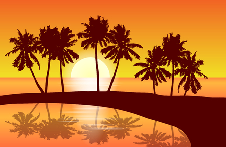 Tropical island landscape vector with palm trees in orange sunset reflected in a lagune.のイラスト素材