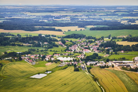 Aerial view of South Bohemian landscape with fields, forests and villages in Czech Republic.の写真素材