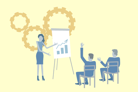 Business flat design vector with a businesswoman showing her colleagues teamwork and growth strategies on a flipchart.のイラスト素材