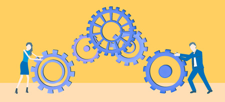 Business flat design teamwork vector with two colleagues rolling cogwheels.のイラスト素材