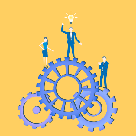 Business flat design teamwork vector with a businessman inventing an idea and standing on cogwheels with his colleagues.のイラスト素材