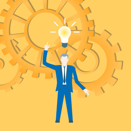 Flat design vector with a businessman inventing an idea with cogwheels in the background.のイラスト素材
