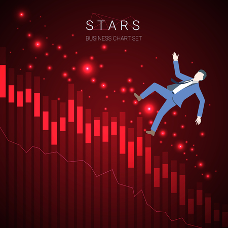 Modern business decline chart vector with a businessman falling down and stars on dark red background.のイラスト素材