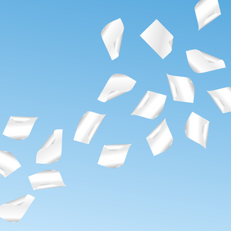 Vector flying shaded white papers on blue background.のイラスト素材