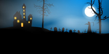 Scary vector haloween landscape with haunted house, graveyard and a death with scythe in full moon.のイラスト素材