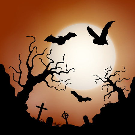 Scary vector haloween landscape with a graveyard and flying bats in full moon.のイラスト素材
