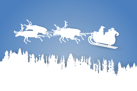 Paper cut vector landscape of Father Christmas riding his sleigh with reindeer over a forest on blue background.のイラスト素材