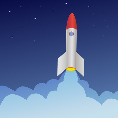 Flat vector depicting a startup launch in shape of a rocket ship taking off on blue background with stars.のイラスト素材