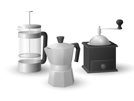 Realistic vector set of beautiful italian aluminium coffee mocca kettle, french press coffee maker and a black vintage coffee grinder on white background.のイラスト素材