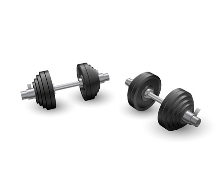 Beautiful realistic perspective view fitness vector of two black iron loadable dumbbells on white background.のイラスト素材