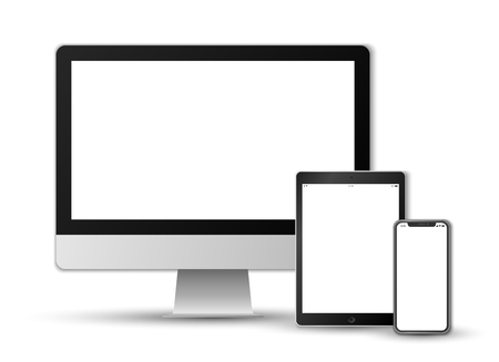 Beautiful realistic vector template set on white background of a modern black colored smartphone, a tablet and a computer screen with white screens.