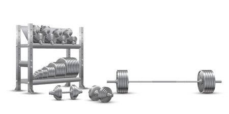 Beautiful realistic fitness vector perspective view on white background of a barbell, steel loadable dumbbels and a storage shelf full of steel weight barbell plates.のイラスト素材