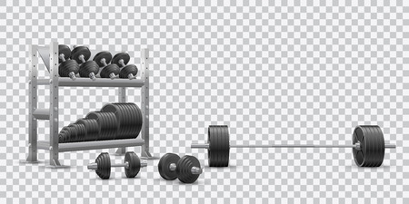 Beautiful realistic fitness vector perspective view on transparent background of a barbell, black iron loadable dumbbels and a storage shelf full of black iron weight barbell plates.のイラスト素材