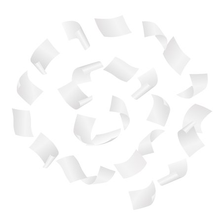 Simple vector of white blank papers flying in the spiral motion in the wind on white background.のイラスト素材