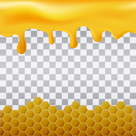 Yellow hexagonal realistic honeycomb seamless texture and flowing honey on transparent background.のイラスト素材