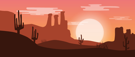 Beautiful widescreen red sunset desert landscape with sandstone mountains and cactus plants.のイラスト素材