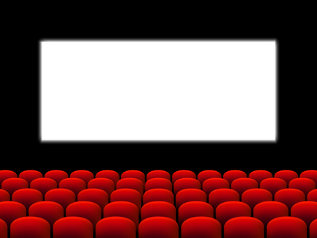 Beautiful red cinema hall with seats facing a white screen on a black stage vector.