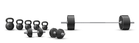 Beautiful realistic fitness vector of a barbell, black iron loadable dumbbels and a set of kettlebells on white background.のイラスト素材