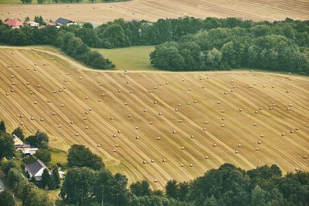 Aerial view of golden field with hay bales surrounded by trees and green grassの写真素材