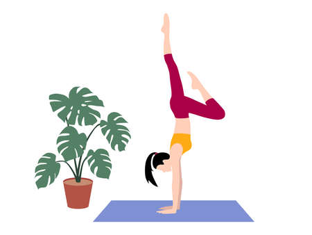 Beautiful simple flat vector of a young slim woman exercising yoga. Handstand pose.のイラスト素材