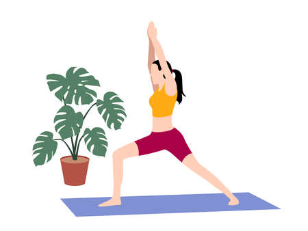 Beautiful simple flat vector of a young slim woman exercising yoga. Warrior 1 pose.のイラスト素材
