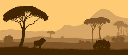 Beautiful vector landscape of African savannah with animals during sunset.のイラスト素材