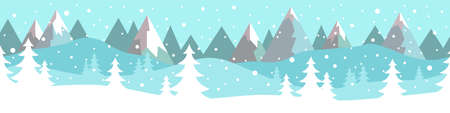 Simple flat vector winter landscape with trees, snow and mountains in the background.のイラスト素材