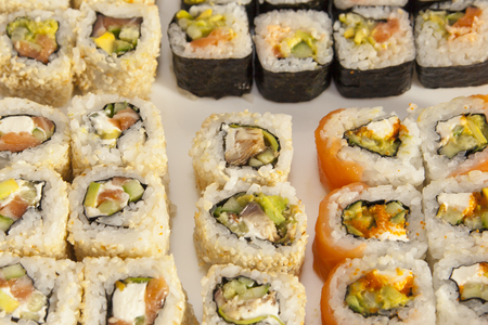 Set Japanese rolls with different fish fillingsの写真素材
