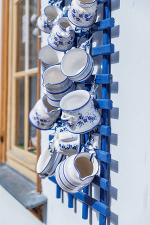 German blue and white ceramics. Handmade pottery. Kraemerbruecke bridge, Erfurt, Germanyの写真素材