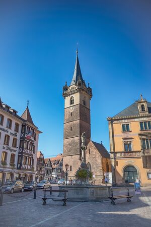 Obernai, France. October 14, 2018. Main square in Obernai with Kapellturm towerのeditorial素材