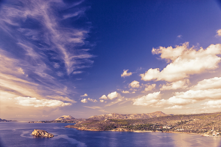 Aegean Sea. Sounion cape at Poseidon temple, Greece. Toned photoの写真素材