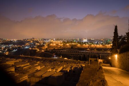 Night Jerusalem, Israel. View of Jerusalem Old City from the Mount of Olives. Ancient Jewish...