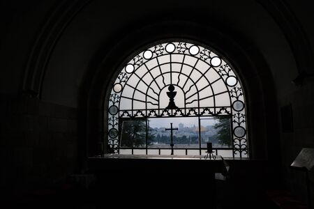 View from the window of the Roman Catholic church Dominus Flevit. Mount of Olives, Jerusalem. Israel. Copy spaceの写真素材